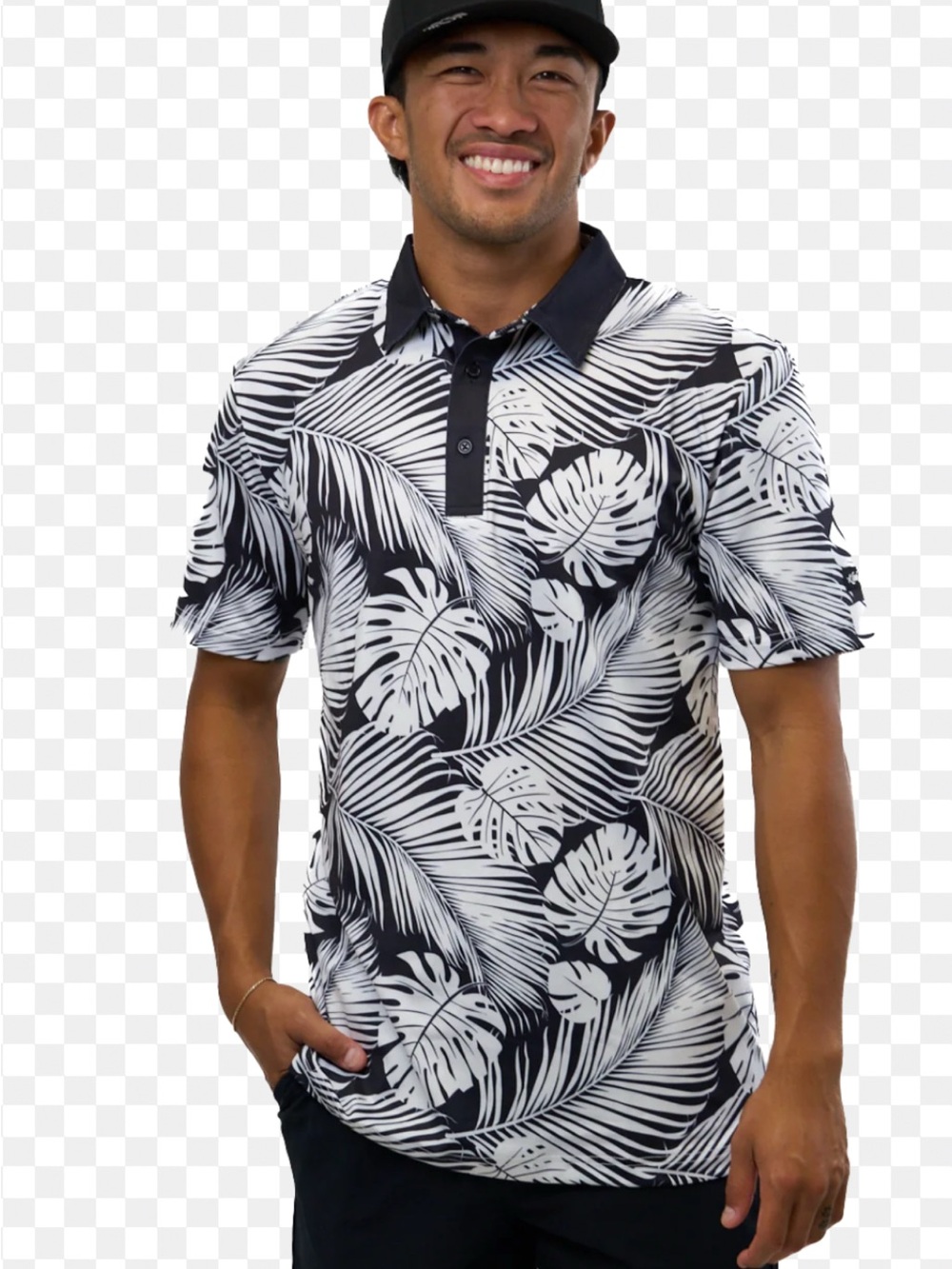 Tropical Leaf Print Polo Shirt - Black & White